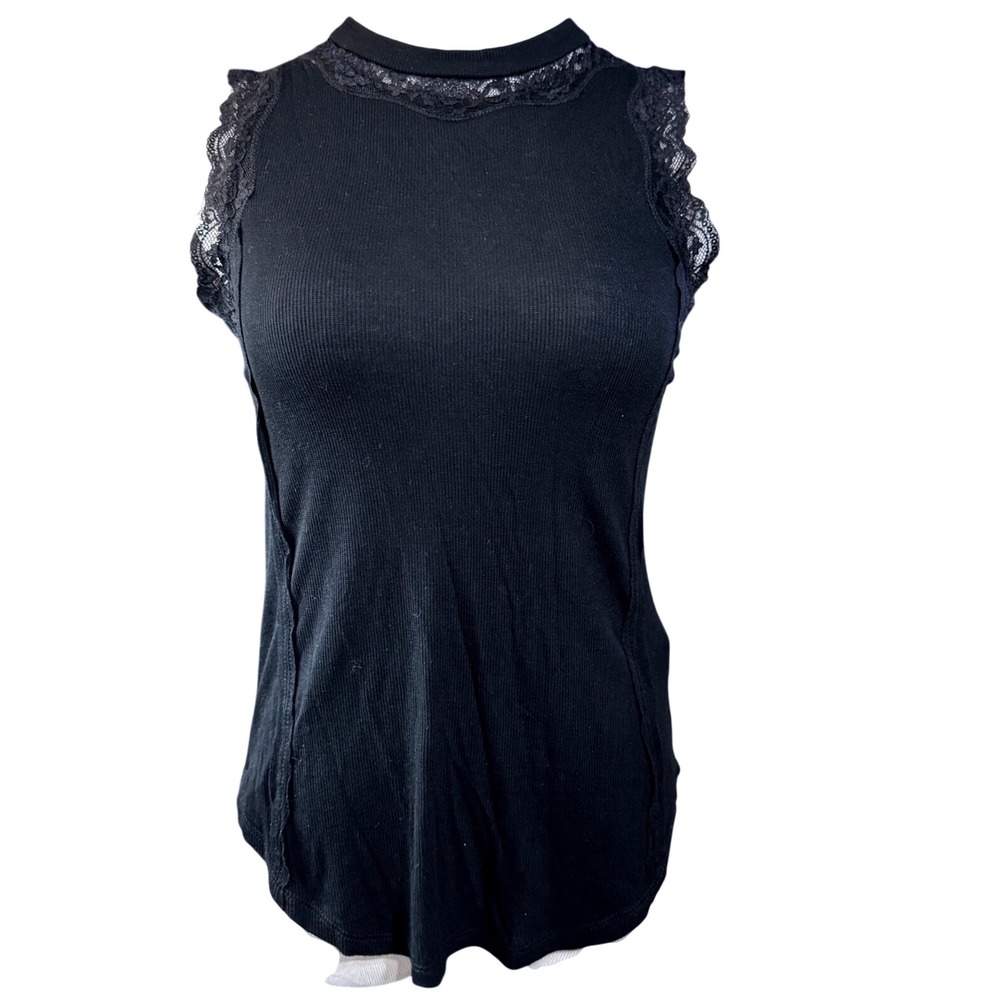 Rock & Roll Cowgirl Tank Top Womens Small Lace Open Back Ribbed Black